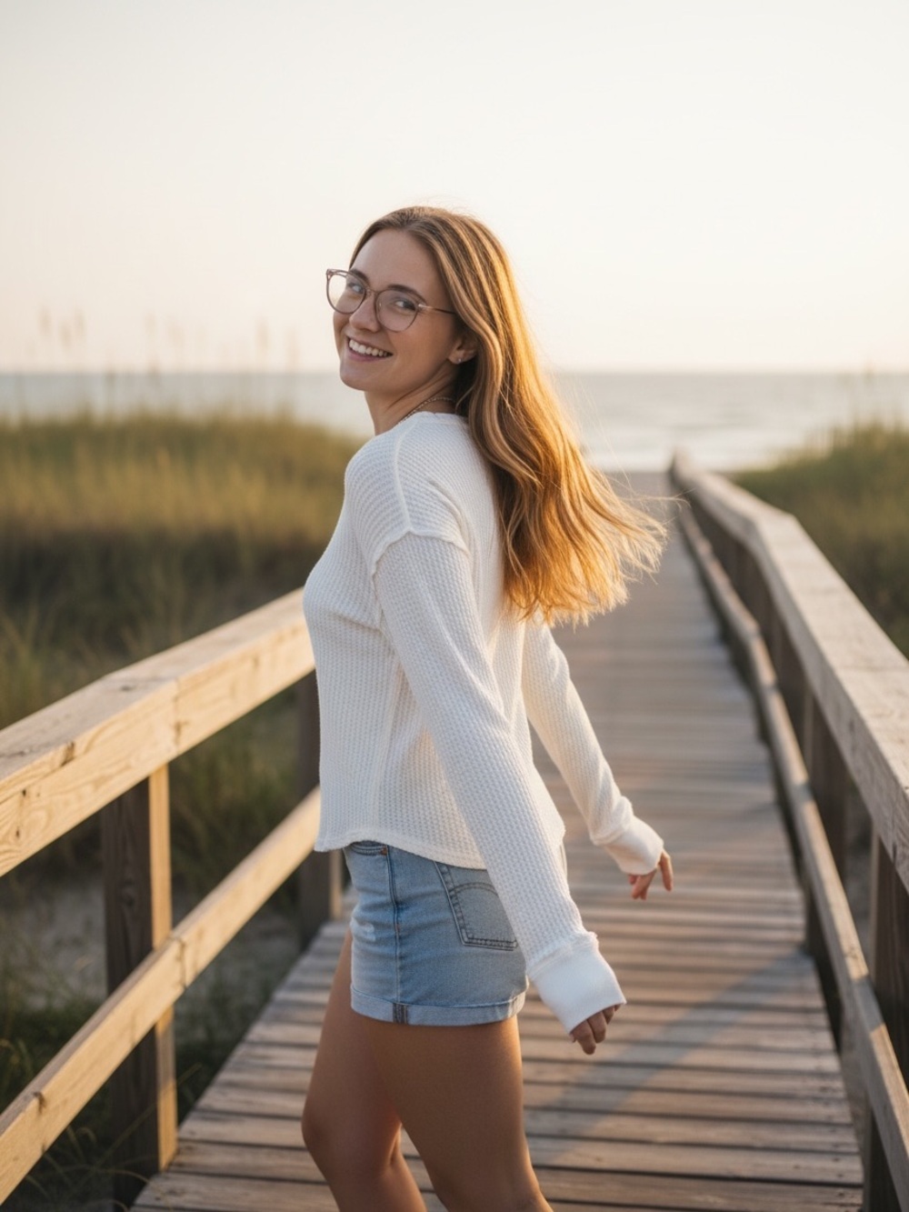 We The Free Women's White Waffle Knit Long-Sleeve Top